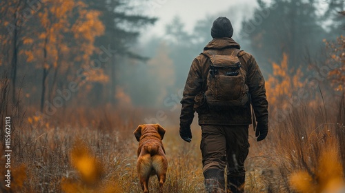 Exploring a serene forest path with a dog during autumn sunrise in the countr...