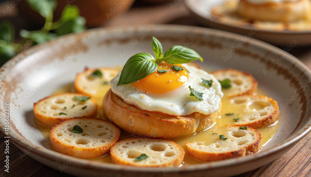 Acorda with fried egg and toasted bread slices, vibrant, garnished with basil, rustic plate
Acorda with fried egg and toasted bread slices, vibrant, garnished with basil, rustic plate