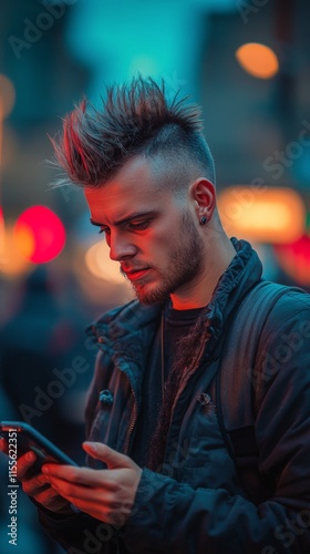 Young man using smartphone in a city street during twilight hours surrounded ...