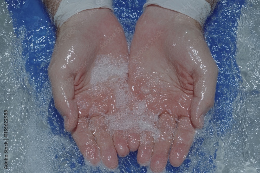 A hyper-realistic close-up of a doctor’s hands sanitizing before surgery, with water droplets and surgical gloves in clear detail A hyper-realistic close-up of a doctor’s hands sanitizing before surgery, with water droplets and surgical gloves in clear detail
