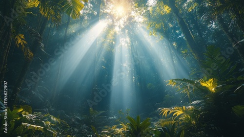 Lush rainforest with sunlight filtering through trees during early morning hours