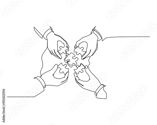 Four hands holding and connecting puzzle pieces, symbolizing teamwork, collaboration, and problem-solving. Ideal for business and strategy themes Continuous line drawing.