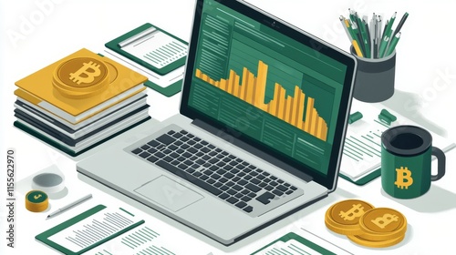 Financial analysis with digital charts on a laptop and gold coins on a wooden...