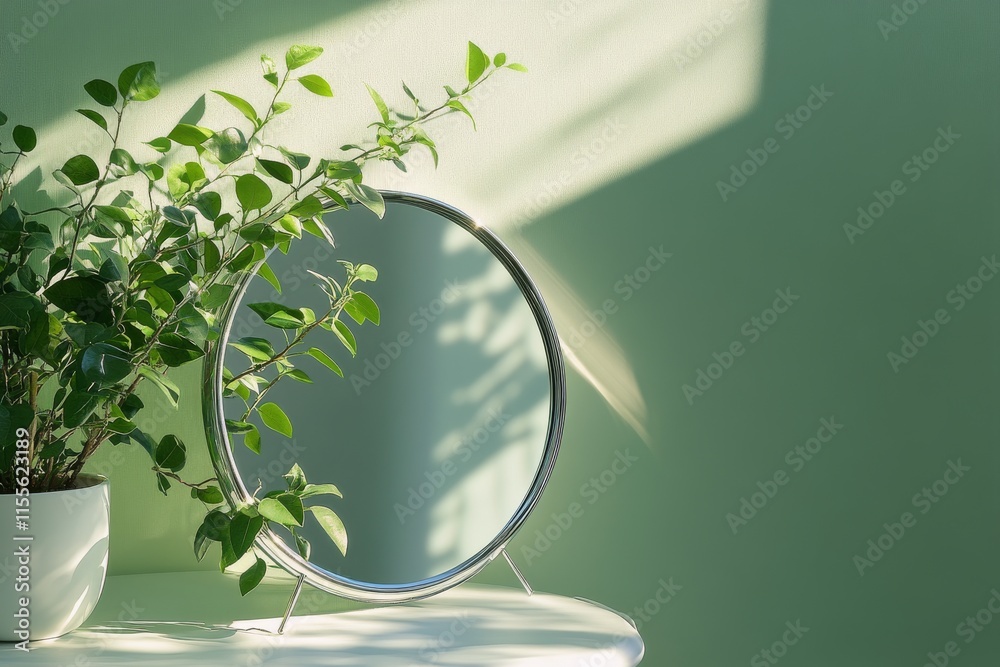 Soft sunlight illuminating a round mirror next to a lush green plant on a wooden table