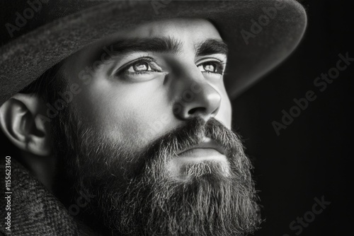 Portrait of a man with striking blue eyes and a full beard wearing a hat
