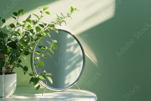 Soft sunlight illuminating a round mirror next to a lush green plant on a woo...