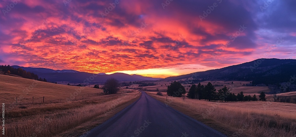 Fototapeta premium A scenic road leads through a golden landscape under a vibrant sunset sky.