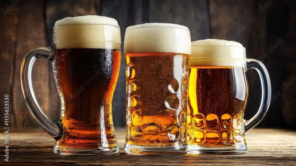 Four glassed of beer on wooden background
Four glassed of beer on wooden background