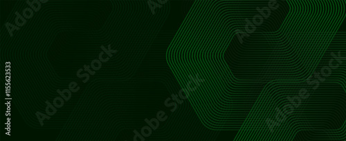 Abstract dark green background with glowing geometric lines. Modern shiny hexagon lines pattern. Technology futuristic concept. Suit for poster, banner, brochure, cover, flyer. Vector illustration