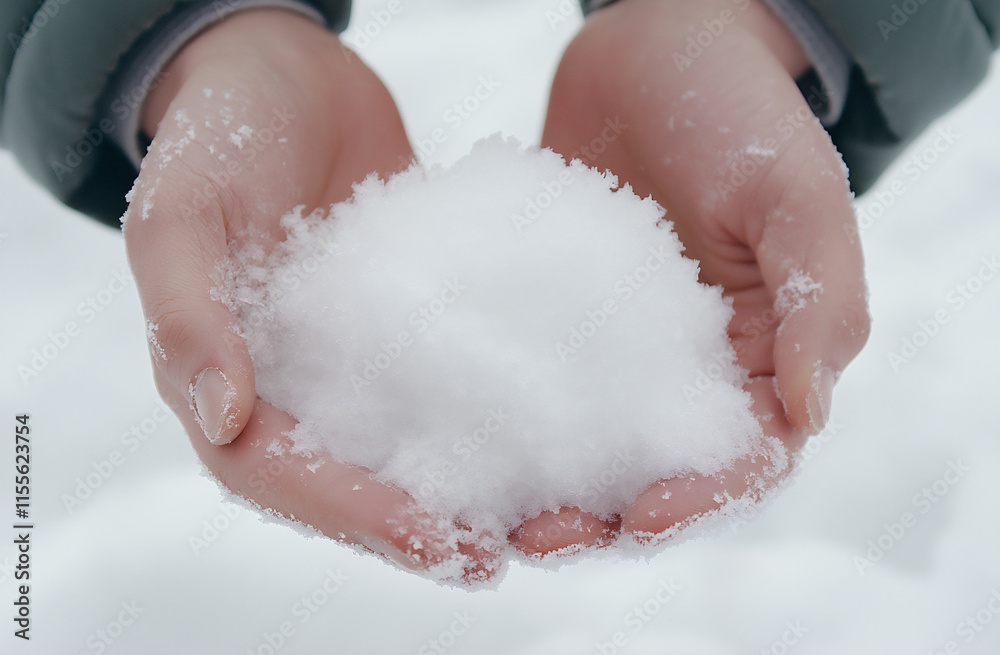A close-up of hands scooping up snow to rub on a skin, with frost in the background A close-up of hands scooping up snow to rub on a skin, with frost in the background