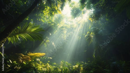 Lush rainforest with sunlight filtering through trees during early morning hours