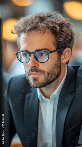 Focused young man wearing glasses working on a computer in a contemporary off...