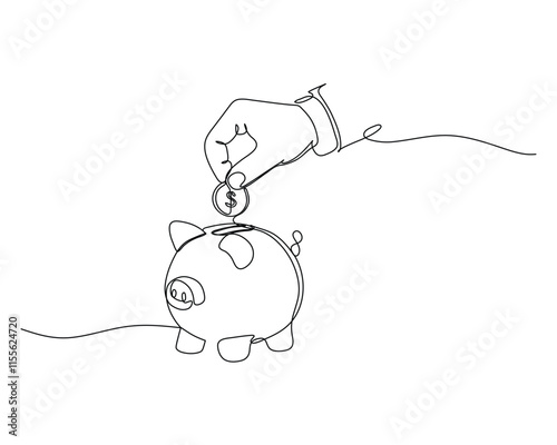 save a coin into a piggy bank, symbolizing saving money and financial planning. A continuous line drawing for business and finance theme illustration