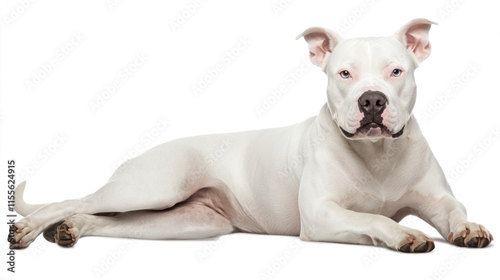 White American Staffordshire Terrier dog lying down on white background.