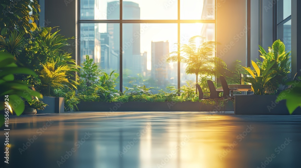 Sunlit modern office space with lush greenery and city skyline views. Sunlit modern office space with lush greenery and city skyline views.