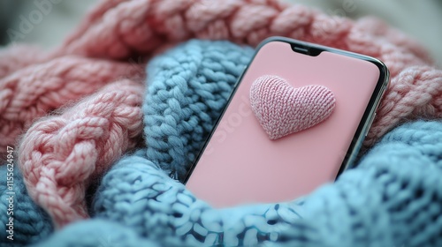 Soft blue knitted blanket with smartphone displaying heart pattern in cozy se...