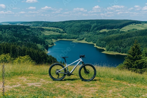A modern hybrid bicycle with a lightweight frame parked near a scenic lakeside trail