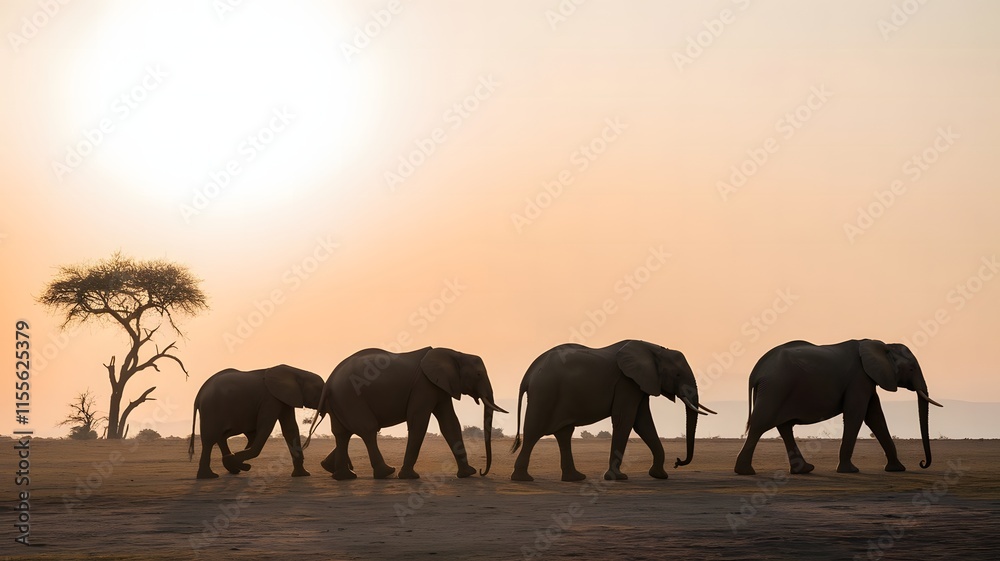 Fototapeta premium Elephants Walking at Sunset – Wildlife Silhouette Photography