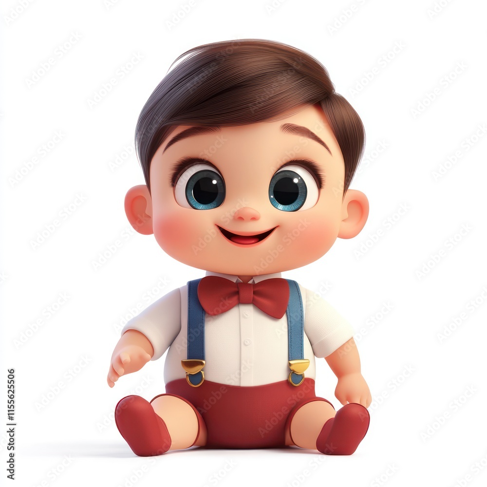 A baby wearing a cute bowtie and suspenders. vector style art 3d illustration Isolated on White Background A baby wearing a cute bowtie and suspenders. vector style art 3d illustration Isolated on White Background