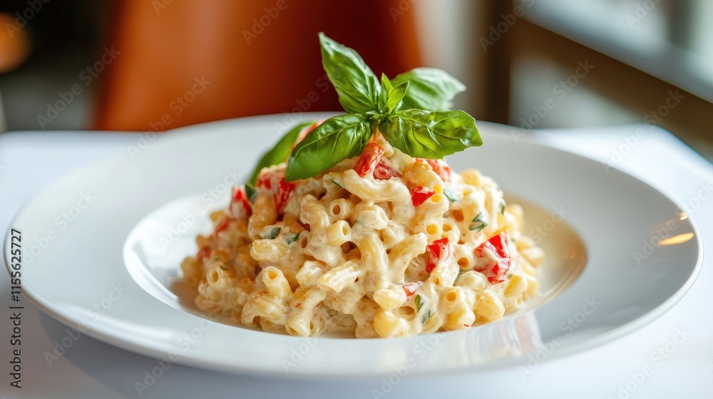 Creamy Macaroni Salad with Roasted Red Peppers and Basil