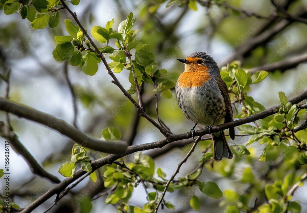a European robin perched on the branch of a tree, with green leaves and fresh new buds in spring against a blurred background. a European robin perched on the branch of a tree, with green leaves and fresh new buds in spring against a blurred background.