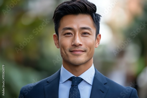 Experienced businessman posing confidently in a well-fitted suit outdoors on ...