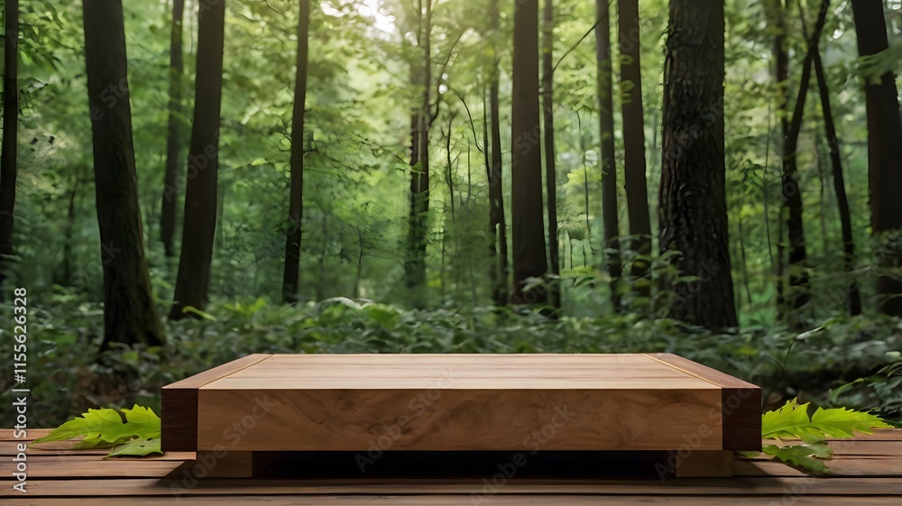 Empty Wooden Podium In Lush Green Forest Sunlight Product Display. 3D rendering. Empty Wooden Podium In Lush Green Forest Sunlight Product Display. 3D rendering.