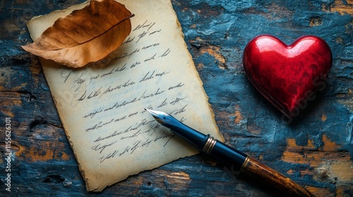 Romantic heart-shaped box and feather quill on vintage letter laid on wooden ...
