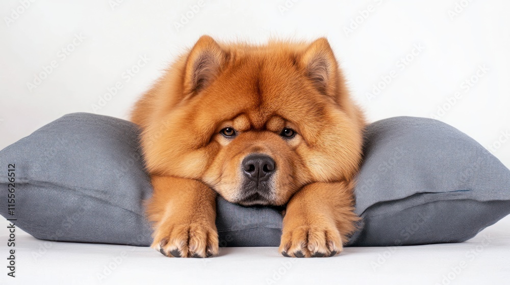 A fluffy Chow Chow dog rests its head on a gray pillow against a white background. A fluffy Chow Chow dog rests its head on a gray pillow against a white background.