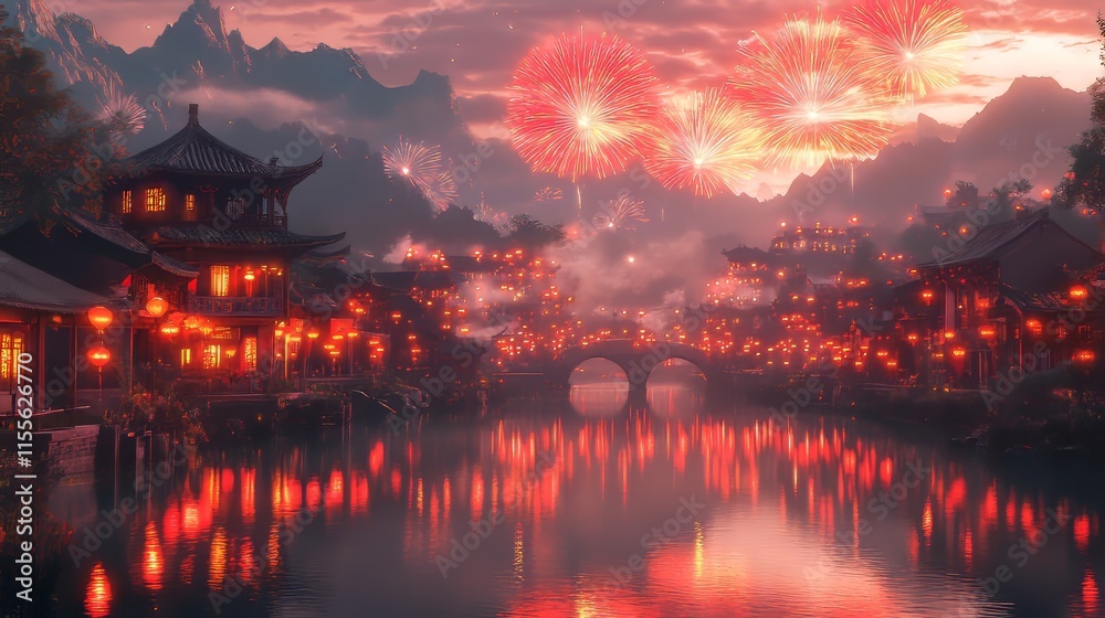 Obraz premium Stunning fireworks illuminate a tranquil riverside village at twilight.