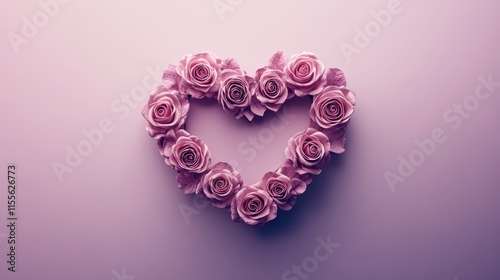 Pink roses arranged in a heart shape on a pink background.