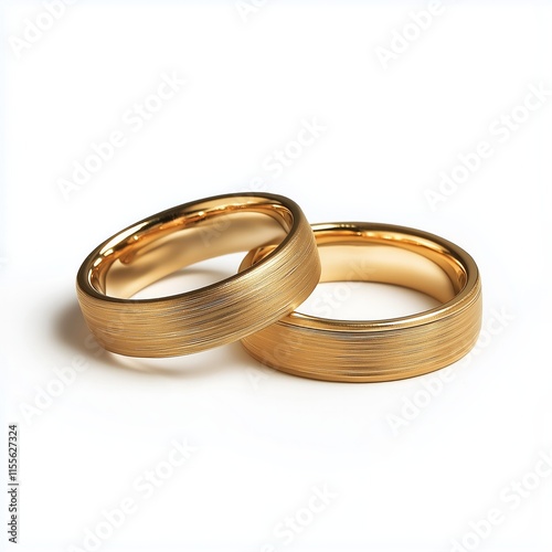 Elegant pair of gold wedding bands on white background