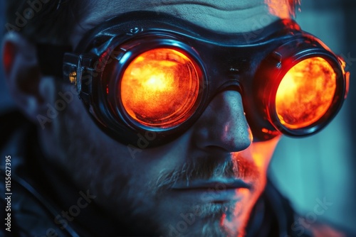 Young man wearing futuristic goggles illuminated by vibrant red and blue ligh...