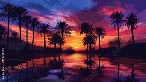 A striking photoshop painting of a desert oasis at dusk, with palm trees silhouetted against a vibrant sunset and the oasis reflecting the colorful sky. 32k, full ultra hd, high resolution -