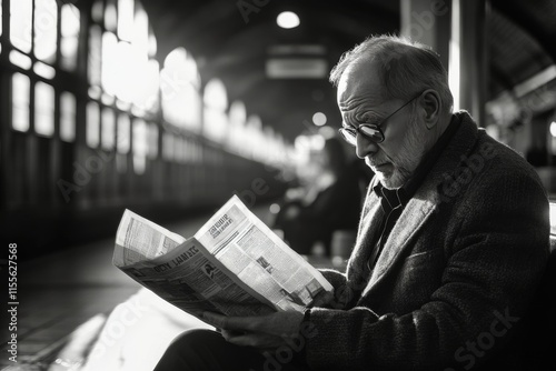 Man reading a map while waiting at a train station during evening hours
