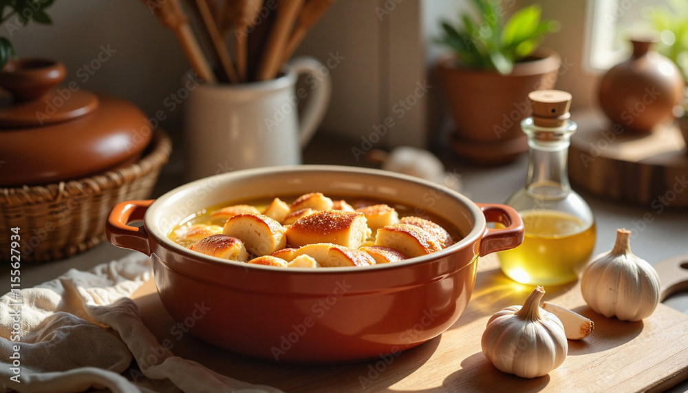 Acorda dish with bread dumplings in a rustic bowl, warm, garnished with herbs, cozy kitchen setting
Acorda dish with bread dumplings in a rustic bowl, warm, garnished with herbs, cozy kitchen setting