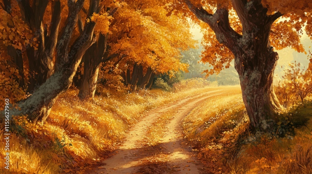Fototapeta premium Sunlit autumn path through golden forest.