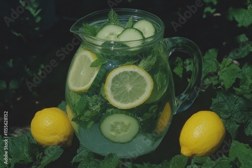 A refreshing pitcher of infused water with slices of lemon, mint leaves, and cucumber, sitting on a summer picnic table photo