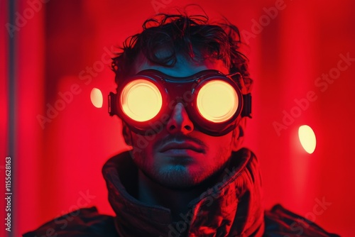 Young man wearing futuristic goggles illuminated by vibrant red and blue ligh...