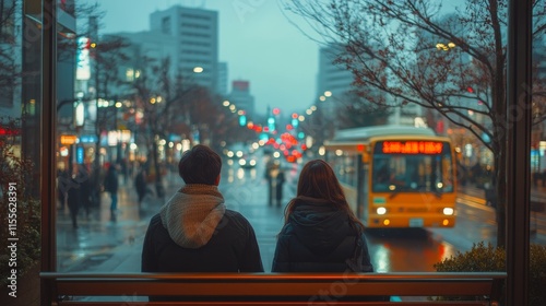 Two people waiting at a bus stop on a rainy evening in a bustling city
