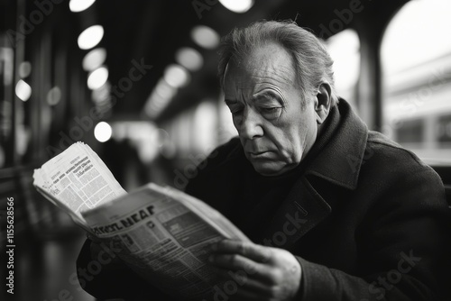 Man reading a map while waiting at a train station during evening hours