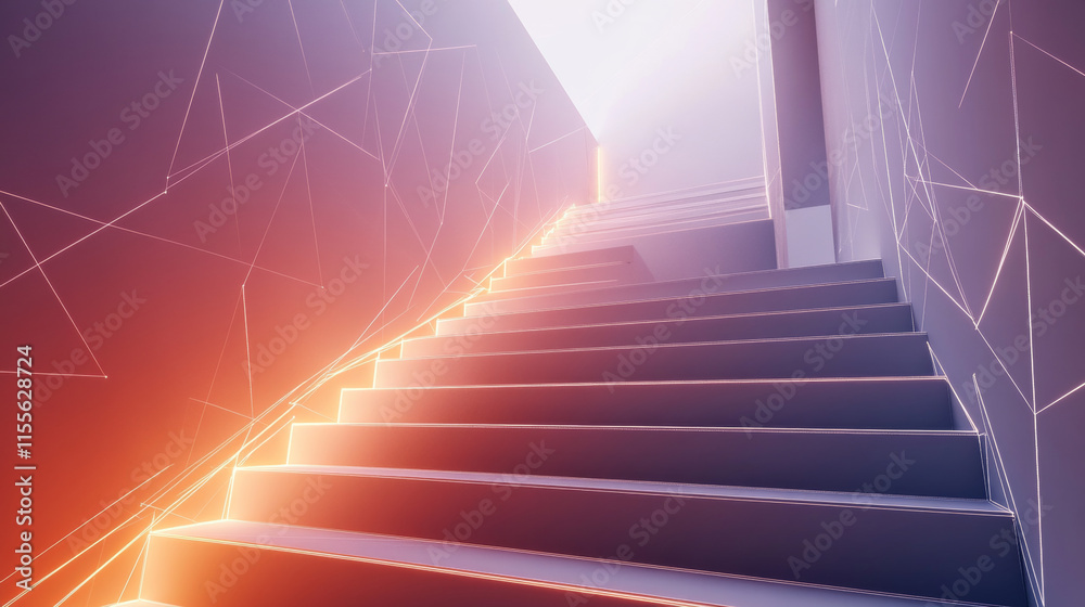 A hologram of a staircase. A ladder of polygons, triangles of points and lines. The steps are low-polygonal connection structure. Technology concept vector. A hologram of a staircase. A ladder of polygons, triangles of points and lines. The steps are low-polygonal connection structure. Technology concept vector.