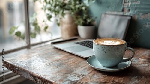 Relaxing workspace with laptop and greenery in a cozy setting