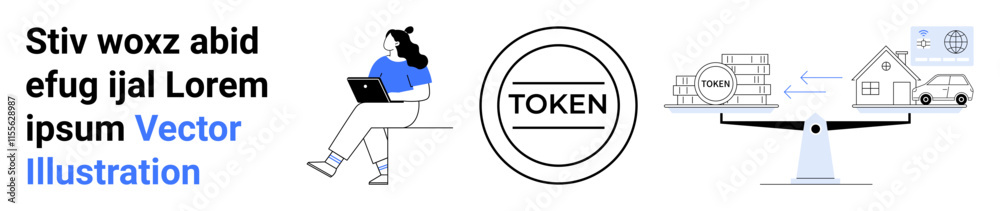 Woman on laptop, circular token symbol, financial assets, balancing scale, house with car, globe with diagram. Ideal for finance, cryptocurrency, investment, work from home, economy, technology, real Woman on laptop, circular token symbol, financial assets, balancing scale, house with car, globe with diagram. Ideal for finance, cryptocurrency, investment, work from home, economy, technology, real