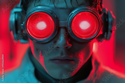 Young man wearing futuristic goggles illuminated by vibrant red and blue ligh...