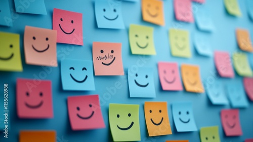 Colorful sticky notes with hand-drawn happy smiley faces arranged on blue wall creating positive cheerful mood, shallow depth of field focus on center notes, office decoration