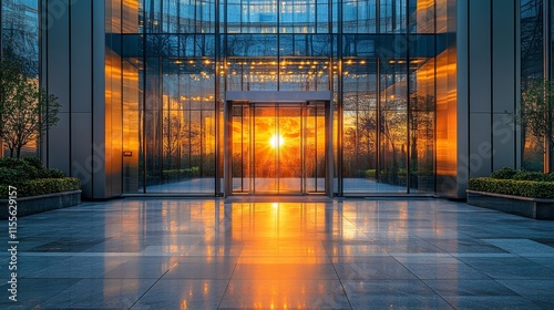 Captivating view of a modern entrance framed by vibrant flowers and lush gree...