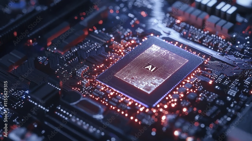 A close-up view of a computer chip on a circuit board, illuminated by glowing lights, highlighting advanced technology and intricate design. A close-up view of a computer chip on a circuit board, illuminated by glowing lights, highlighting advanced technology and intricate design.