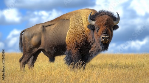 Majestic bison standing in tall grass on a plains landscape during daylight h...