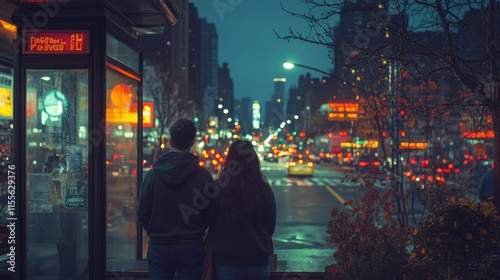Two people waiting at a bus stop on a rainy evening in a bustling city